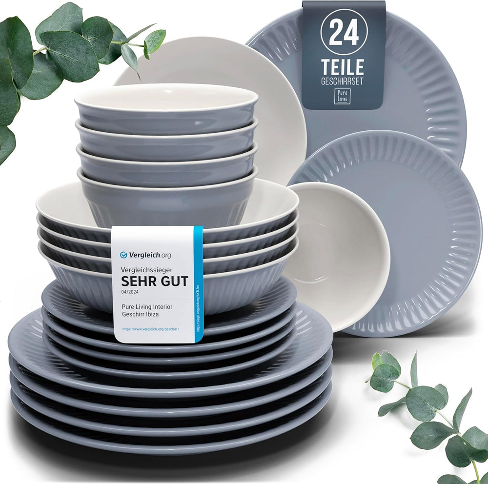 Service de table en céramique pour 6 personnes, Hygge, 24 pièces. GAGNANT DU TEST Service de table en grès scandinave de rêve, bol et assiettes, service de table pour 6 services de vaisselle Pure Living en gris bleu