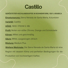 Spezialitätenkaffee Bohnen 100% Arabica Natural Mittlere Röstung Gewaschener Prozess Zitrus Schokolade Karamell Schattenanbau Sierra Nevada (250 g, Castillo)