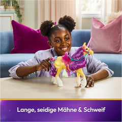 Unicorn Leaf Unicorn Academy - Licorne Ava originale de 28 cm de haut de la série Netflix avec une vraie crinière et une vraie queue, une bride, une selle et une brosse amovibles, pour les enfants à partir de 4 ans