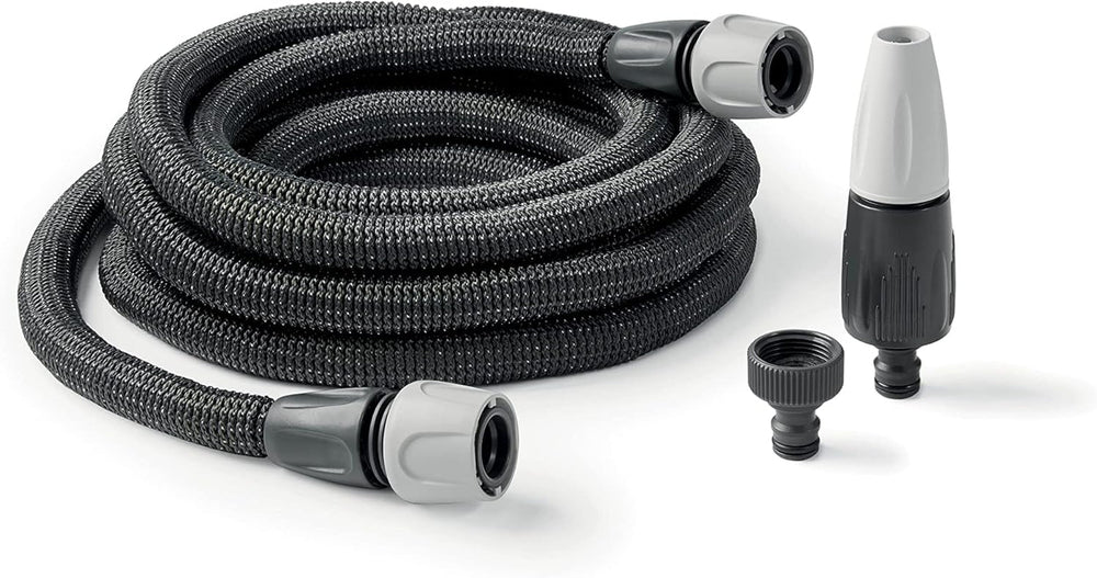 GF SRL, Aquapop Grey Easy 10, tuyau tressé auto-extensible de 10 mètres, fabriqué en Italie, avec mini pulvérisateur de jardin et connecteurs pour l'irrigation du jardin, gris foncé