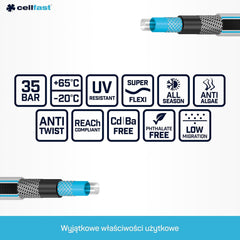 Tuyau d'arrosage Cellfast MULTIFLEX PRO, durable, 6 brins, tresse tricotée ATS2, résistant aux UV et aux algues, sans métaux lourds, technologie velours, 35 bar, -20/+65°C, 3/4", 30m