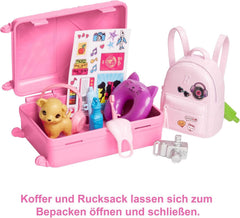 Poupée Barbie, Barbie de voyage aux cheveux blonds, plus de 10 accessoires de voyage, autocollants, valise, chiot, comprend 1 poupée, cadeau pour enfants, jouet à partir de 3 ans, HJY18