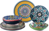 HENXFEN LEAD Service de table en porcelaine, service de table 12 pièces pour 4 personnes, service de table coloré pour 4 personnes – assiettes peintes à la main, assiettes à dessert, assiettes creuses – Style bohème