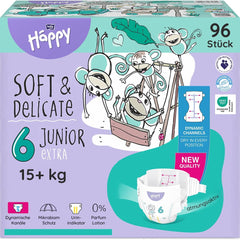 Couches Bella Baby Happy Premium, taille 6, Junior Extra, 15+ kg, 96 pièces, label DERMATEST et OEKO-TEX, couches jetables pour bébé