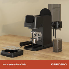 Espressor portafilter GRUNDIG KSM 5330 cu recipient de lapte integrat, putere 1628 W, presiune pompă 15 bar, duză dublă, afișaj tactil color, BrewSense, CreamyPro, Inox închis/Negru
