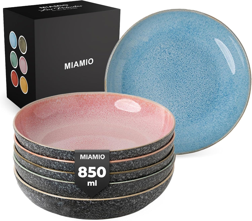 MIAMIO - Assiettes plates, lot de 6 (850 ml) / Assiettes à pâtes grandes et profondes, ensemble d'assiettes pour 6, saladier en céramique / lavable au lave-vaisselle et au micro-ondes - Collection Las Palmitas