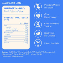 Blue Farm Bio Matcha Oat Latte auf Haferbasis ohne Zuckerzusatz - Mit dem Vitalpilz Lion's Mane - Vegan - sans lactose et sans gluten (300 g, Matcha)
