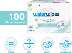 Lingettes humides WaterWipes Sensitive+ On The Go, 100 lingettes (paquet de 10), 3 en 1 nettoie, soigne, protège, 99,9 % d'eau, lingettes sans parfum