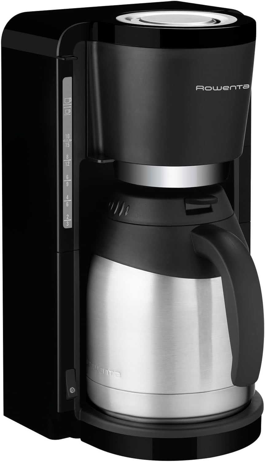 Rowenta Adagio Filter Machine à expresso, carafe thermique en acier inoxydable, garde le café chaud jusqu'à 4 heures, capacité de 10 à 15 tasses, capacité de 1,25 L, panier filtrant amovible, arrêt automatique, noir, CT3818