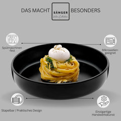SÄNGER Madère | Service de table combiné 24 pièces, service de table en grès pour 6 personnes, 6 assiettes plates, 6 assiettes de petit-déjeuner, 6 assiettes plates, 6 bols à pâtes, ensemble de vaisselle et de bols, noir mat | LA COLLECTION VALEUR
