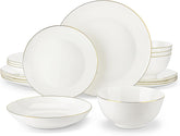 MALACASA Service de table pour 4 personnes en porcelaine tendre, service de table 16 pièces rond blanc avec bord doré, ensemble combiné de 4 assiettes plates, 4 assiettes à dessert, 4 assiettes Suma et 4 bols à céréales Série NORI