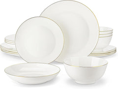 Set de veselă MALACASA pentru 4 persoane, set de veselă din porțelan os, format din 16 piese, set combinat rotund alb cu margine aurie, cu 4 farfurii de cină, 4 farfurii de desert, 4 farfurii de sumă și 4 boluri pentru cereale, seria NORI