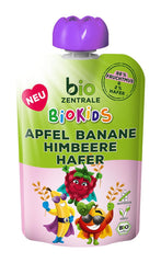 biozentrale BioKids Piure de fructe Măr Banană Zmeură Ovăz | 12 x 90g | Gustare fructată fără zahăr adăugat | Vegan