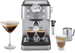 De'Longhi Classic EM450.M Machine à expresso porte-filtre avec mousseur à lait professionnel, boîtier entièrement métallique, 15 bars, réservoir d'eau 1,7 l, acier inoxydable/métal