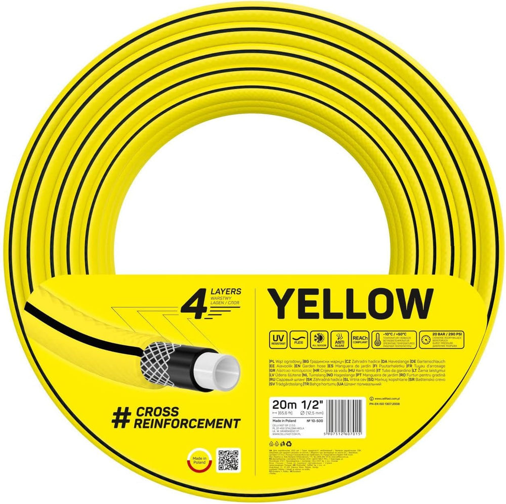 Tuyau d'arrosage Cellfast JAUNE, léger, résistant, 4 brins, tresse croisée durable, résistant aux UV et aux algues, résistant à la torsion, technologie REACH, 20 bar, -10/+50°C, fermeture: 1/2", 20m