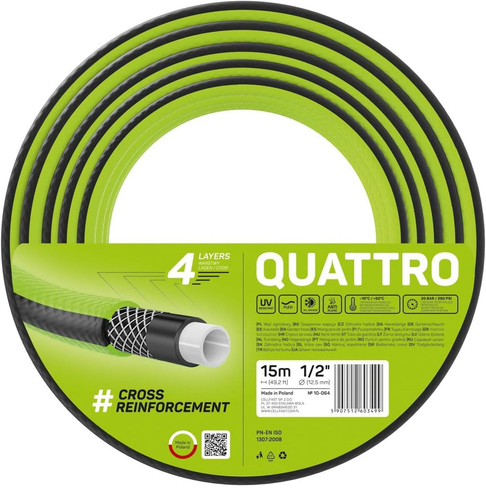 Cellfast QUATTRO Tuyau d'arrosage durable, léger, 4 plis, résistant aux UV, tuyau métallique, tresse croisée, 20 bars, 1/2" 15 m, 10-064