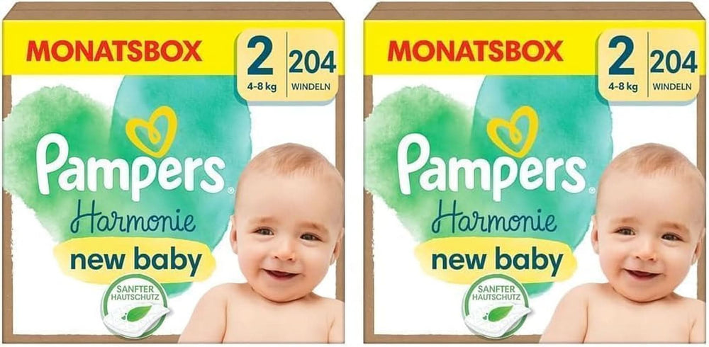 Couches Pampers pour bébé taille 2 (4-8 kg) Harmony, pack économique avec double boîte mensuelle, protection douce de la peau et ingrédients à base de plantes, 408 pièces Mère et bébé Naty Shop