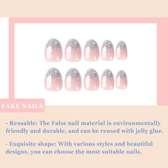 24 bucÄÈi unghii French Press pe unghii, scurte, argintii strÄlucitoare, cu design, unghii artificiale ovale, unghii de lipit pe unghii acrilice lucioase, unghii false pentru femei Èi fete