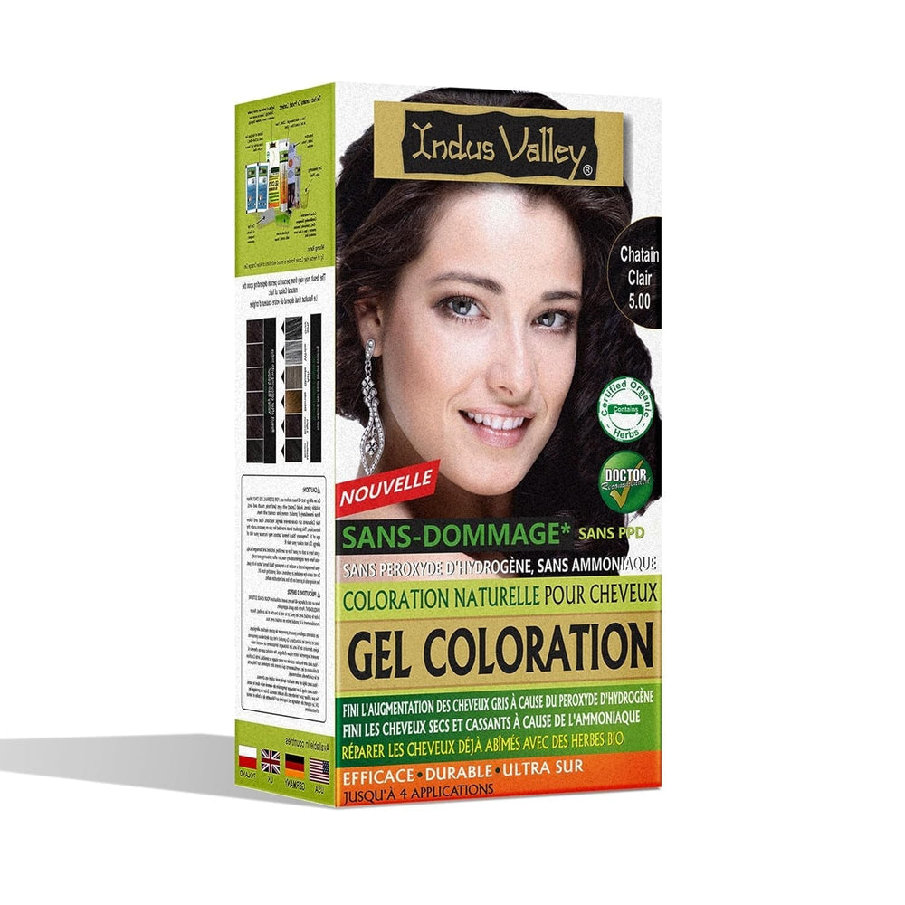 Coloration capillaire en gel naturel sans dommages Indus Valley | Sans ammoniaque, végétalien et sans cruauté | Jusqu'à 100 % de couverture des gris, résultats longue durée | Châtain clair 5.0 (20 grammes + 200 ml) Teinture capillaire Naty Shop Châtain clair