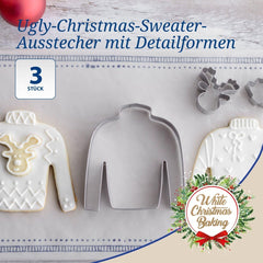 Dr. Oetker Lot de 3 emporte-pièces en forme de pull de Noël laid - Emporte-pièces, blanc, Noël, cuit - Emporte-pièces en acier inoxydable pour Noël