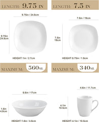 MALACASA Service de table pour 4 personnes, 16 pièces en porcelaine blanche, service de table moderne avec 4 assiettes plates, assiettes à dessert, assiettes et tasses Suma, série ELISA