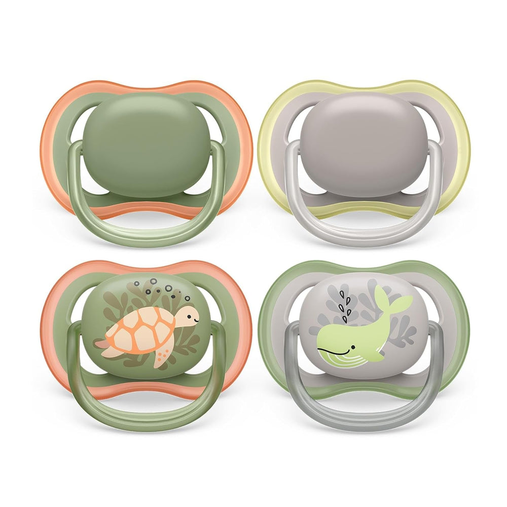 Sucettes Philips AVENT ultra air - pack de 4 sucettes respirantes sans BPA pour bébés de 6 à 18 mois, comprenant étui de transport et stérilisation, motif tortue/baleine (modèle SCF085/66)