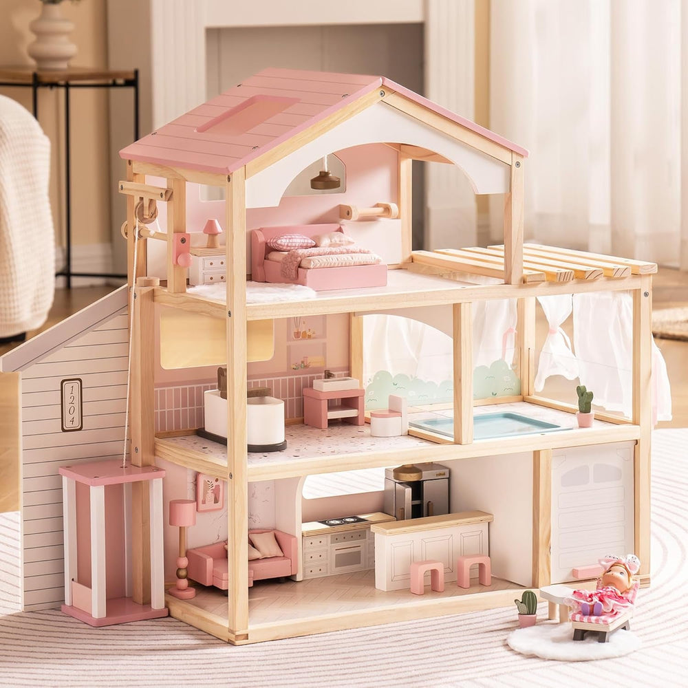 ROBUD Casă de păpuși din lemn, vilă pentru păpuși cu mobilier, cu lift, garaj, pavilion și piscină, cadou pentru copii cu vârsta de 3, 4, 5, 6 ani și peste, roz