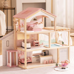 ROBUD Maison de poupée en bois avec meubles, ascenseur, garage, pavillon et piscine, cadeau pour 3, 4, 5, 6 ans et plus, rose