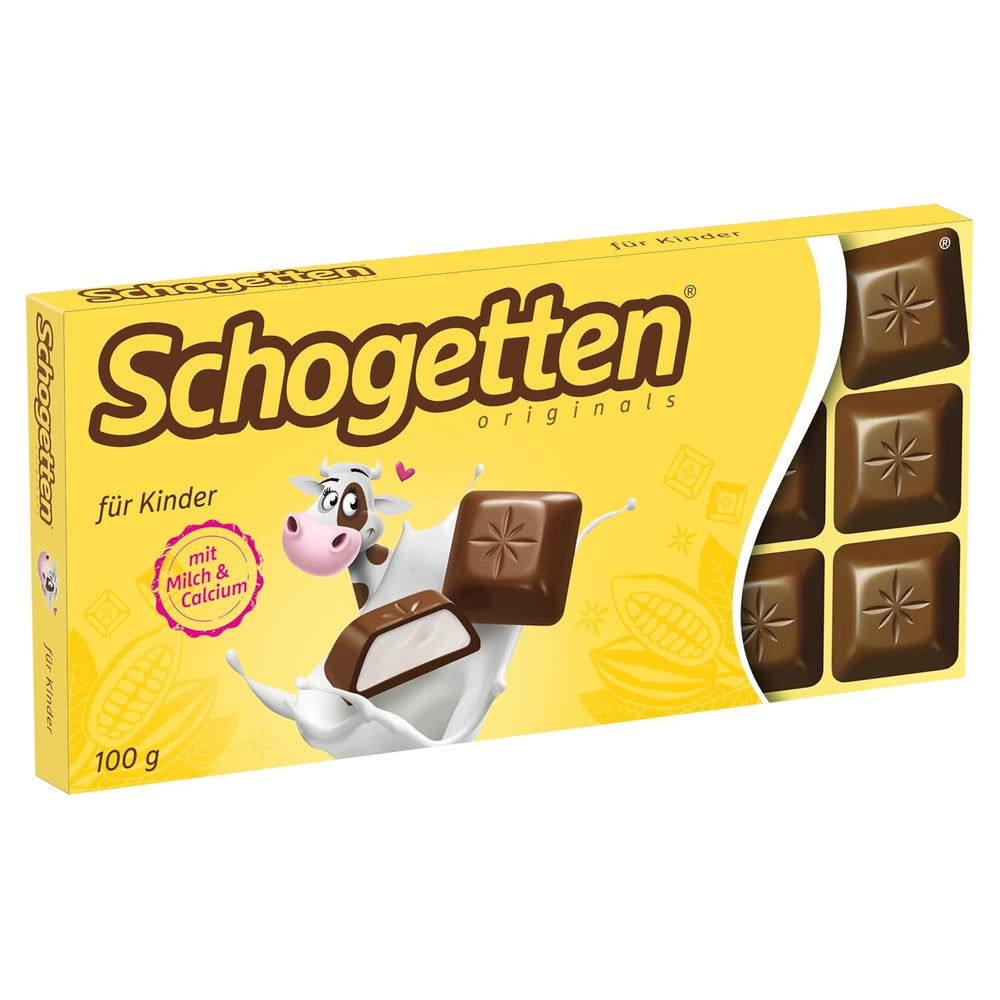 Schogetten pour enfants, barre de chocolat 100g, chocolat au lait fourré au lait crémeux, en portions pratiques. Un délice. Pièce par pièce.