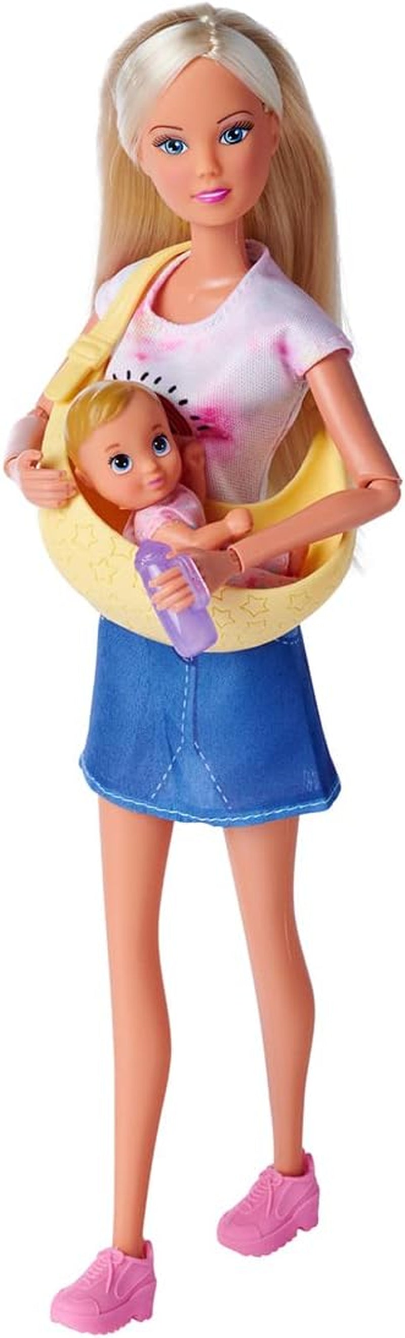 Simba 105733538 - Steffi Love Babybag, poupée de cheville avec bébé, porte-bagages et bouteille de boisson, poupée 29 cm, à partir de 3 ans