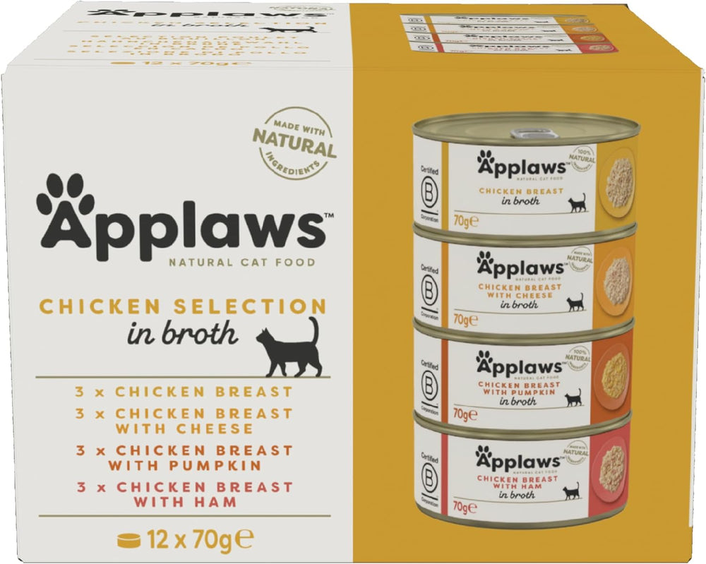 Applaws Nourriture humide 100 % naturelle de qualité supérieure pour chat, sélection de bouillon de poulet pour chats adultes – Lot de 4 boîtes (12 x 70 g)