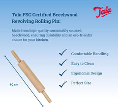 Rouleau à pâtisserie en bois de hêtre Tala - Rouleau à pâtisserie rotatif avec poignées, surface lisse, durable et facile à nettoyer - Parfait pour la pâte, les pâtisseries, le pain et la pizza - Bois certifié FSC