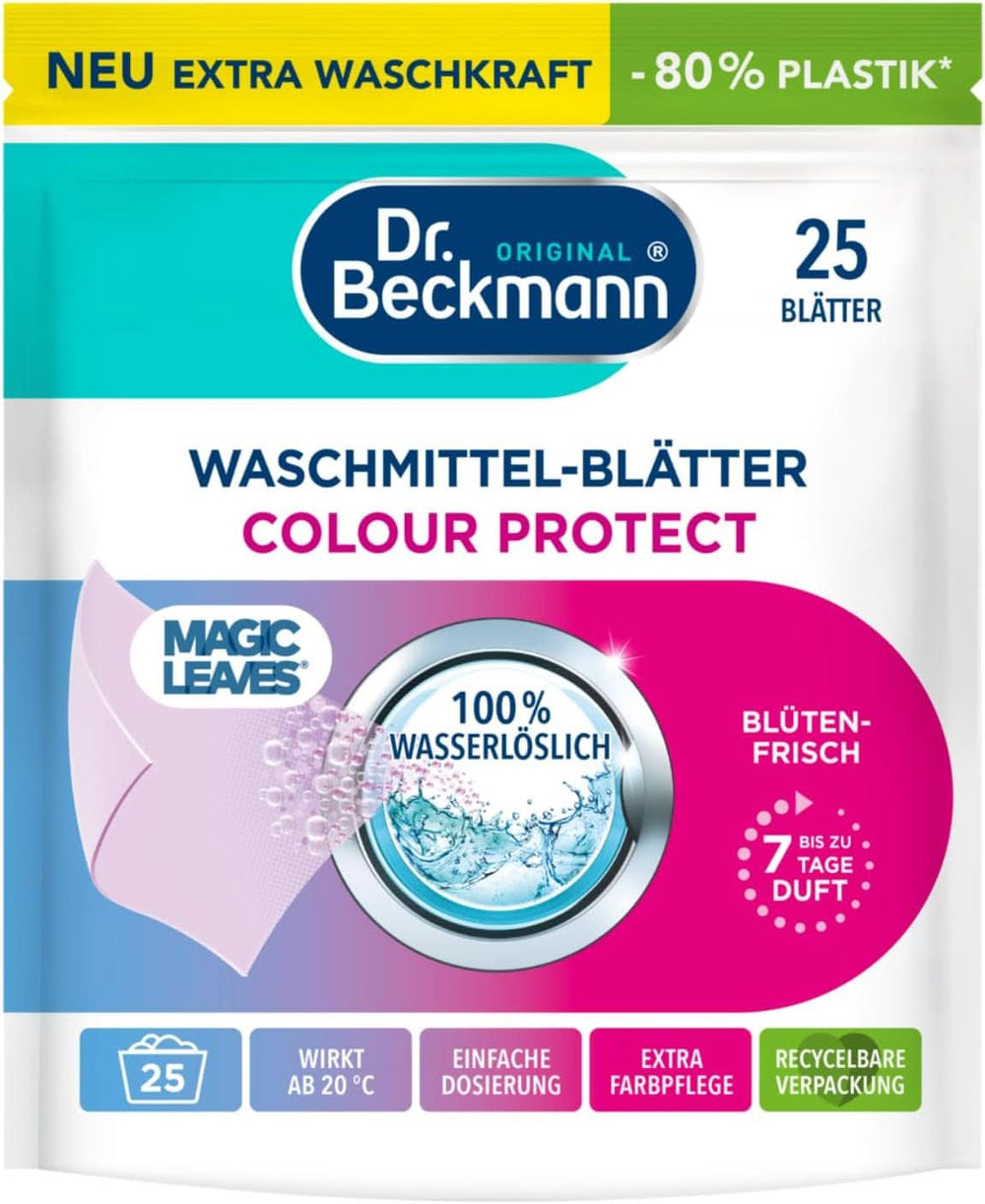 Feuilles détergentes Dr Beckmann MAGIC LEAVES COLOR | Feuilles de lavage prédosées et solubles dans l'eau | Gain de place et facile à utiliser | 25 feuilles Naty Shop Détergents à lessive 25 pièces Couleur