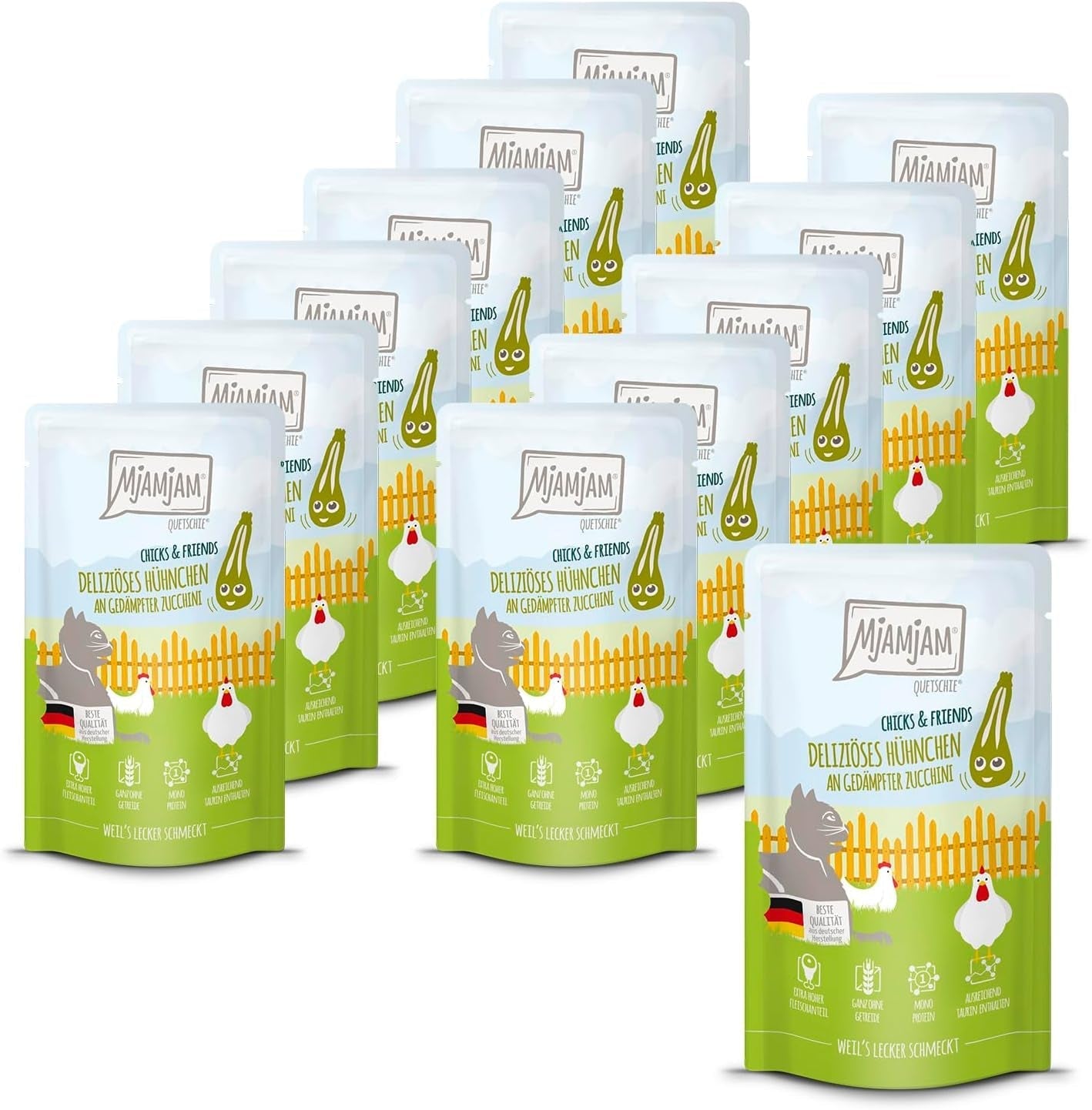 Mjamjam - Hrană umedă premium pentru pisici - Chicks & Friends Box, 9 pachete (9 X 300G), fără cereale și cu carne suplimentară