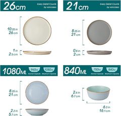 Ensemble de cuisine pour 6 personnes, vancasso RENO 24-tlg Steingut Teller Set Mix, Tafelservice mit je 6 Speiseteller, Dessertteller, Suppenteller, Müslischalen, Spülmaschinenfest & Mikrowellengeeignet, Mehrfarbig