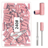 BLESWIN 100 bucăți benzi de șlefuit mici pentru burghie de unghii, granulație fină 240 cu 2 bucăți burghiu de 3 mm, mini benzi de șlefuit pentru lustruirea unghiilor naturale și curățarea cuticulelor pentru pregătire, roz
