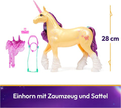 Unicorn Leaf Unicorn Academy - Licorne Ava originale de 28 cm de haut de la série Netflix avec une vraie crinière et une vraie queue, une bride, une selle et une brosse amovibles, pour les enfants à partir de 4 ans