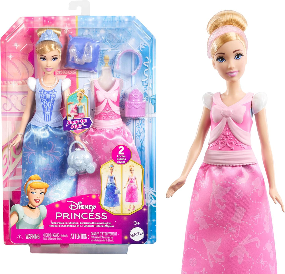 Mattel Disney-Princess-Spielzeuge, Cendrillon-Modepuppe avec 2 Looks, 9 Accessoires, 2 Oberteile zum Anklipsen et 2 Rocke. Jeux 2 en 1 inspirés du film Disney, JCR95