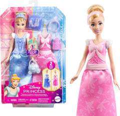 Mattel Disney-Princess-Spielzeuge, Cendrillon-Modepuppe avec 2 Looks, 9 Accessoires, 2 Oberteile zum Anklipsen et 2 Rocke. Jeux 2 en 1 inspirés du film Disney, JCR95