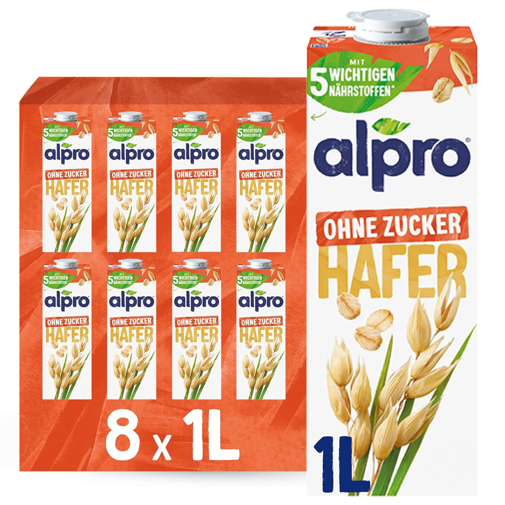Alpro Haferdrink ohne Zucker – Milchalternative auf Haferbasis – Vegan et sans lactose – Riche en substances de ballast, calcium et vitamines – 8 x 1 L