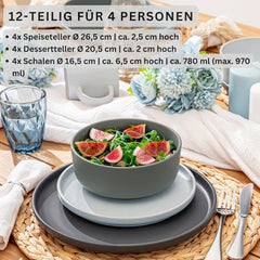 SÄNGER Leeds | Service de table en grès 12 pièces, service d'assiettes pour 4 personnes (4 assiettes plates, 4 assiettes à dessert, 4 bols), vaisselle colorée résistante aux rayures | LA COLLECTION VALEUR