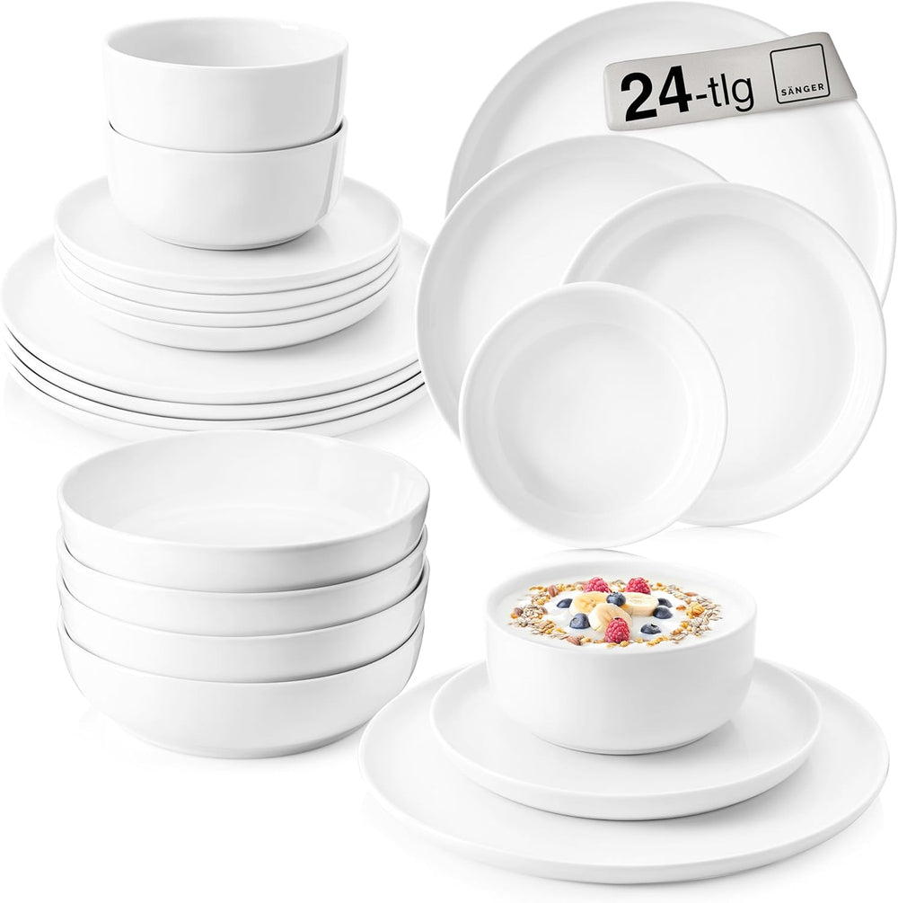 SANGER | Marlo White Service de table 24 pièces pour 6 personnes avec assiettes à dessert, assiettes plates, bols et bols à céréales, service de table en porcelaine, vaisselle au design moderne, collection PREMIUM