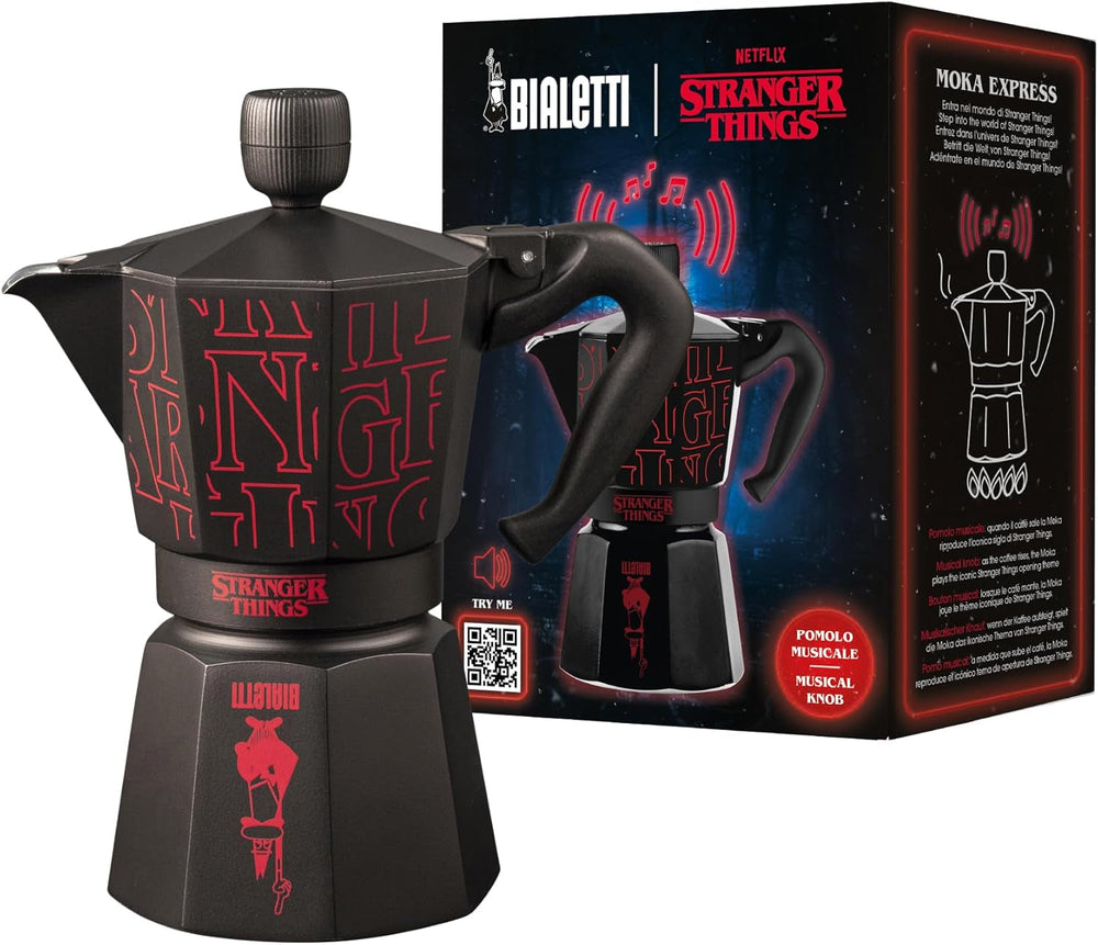 Bialetti Moka Express Stranger Things Cafetière 6 tasses, bouton musique avec fonction de chargement USB-C, ne convient pas aux plaques à induction, 6 tasses (270 ml), noir