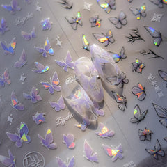 2 Blätter Schmetterling Nagelsticker Selbstklebend,Muschel Glitzer Nail Art Butterfly Nail Sticker Lila Grau Schmetterlinge Nagelaufkleber Relief Laser Papillons Nagel Sticker Nageldesign Zubehör