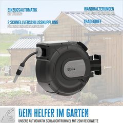 Enrouleur de tuyau automatique Güde 20-2-2 1/2 (pour montage mural, rotation à 180°, tuyau de 20 m, jet d'eau, support mural, enroulement automatique, butée d'enroulement, poignée de transport, 2 raccords rapides)