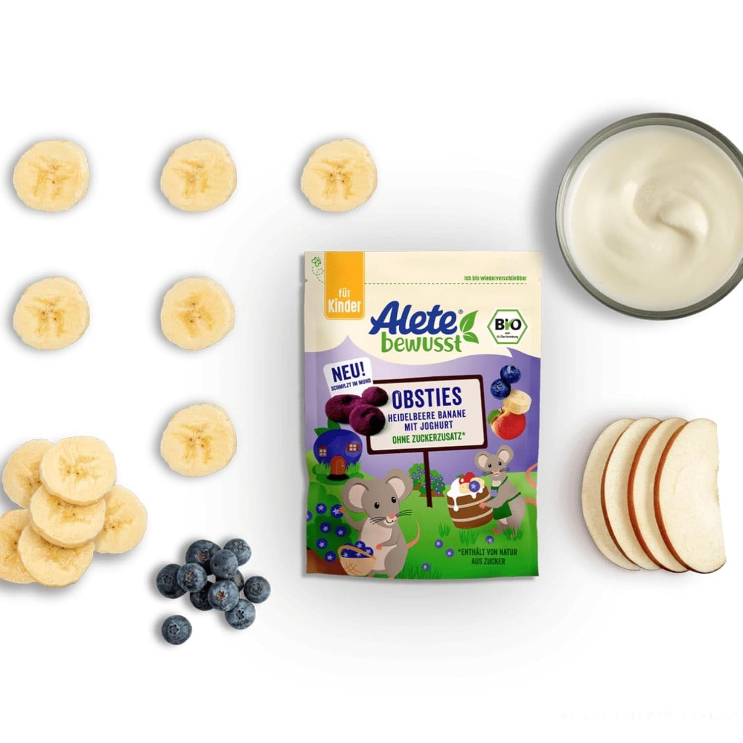 Alete Bewusst Obsties, Afine si Banana cu Iaurt, De la 3 ani, chipsuri de fructe organice liofilizate, 20 grame Mama si Copilul Naty Shop