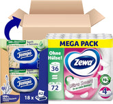 Pachet vrac de hârtie igienică Zewa Ultra Smart, 36 de role a 280 de coli fiecare, rolă gigant, 4 straturi+ hârtie igienică Tempo, umedă, moale-sensibilă, pachet trio (18 pachete X 42 coli fiecare), pachet vrac