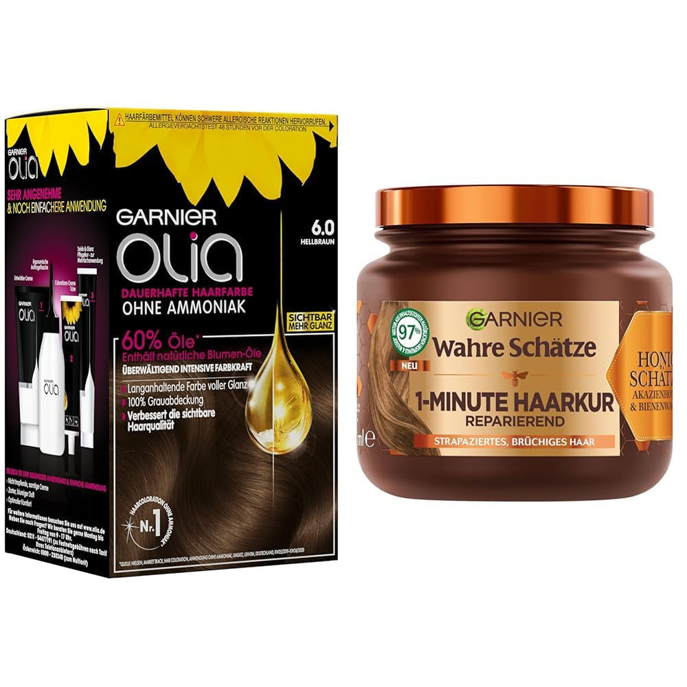 Garnier Olia Hair Color 6.0 Châtain Clair + Traitement Réparateur True Treasures (340 ml) pour cheveux abîmés - coloration sans ammoniaque, huiles naturelles, couvrant les cheveux gris, miel et cire d'abeille, moins de casse des cheveux Coloration capillaire Naty Shop Coloration + traitement réparateur