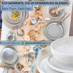 SANGER | Service de table Santorin 12 pièces Service d'assiettes pour 4 personnes TRÈS BON Service de table en grès comprenant des assiettes plates, des assiettes à dessert et des assiettes Suma Crème Lilas Bleu Dégradé | LA COLLECTION PREMIUM