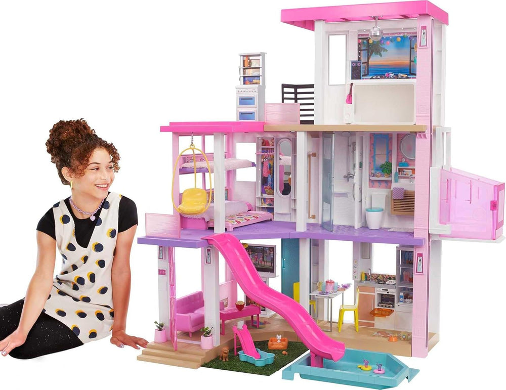 Barbie Dream House (114 cm), maison de poupée à 3 étages, piscine, toboggan, ascenseur pour fauteuil roulant, 75 accessoires, poupées, convient comme cadeau pour les enfants de 3 ans et plus, GRG93